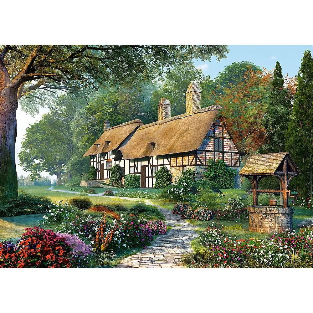A picturesque thatched-roof cottage with stone and timber walls stands beside a stone path, gardens, and a water well.