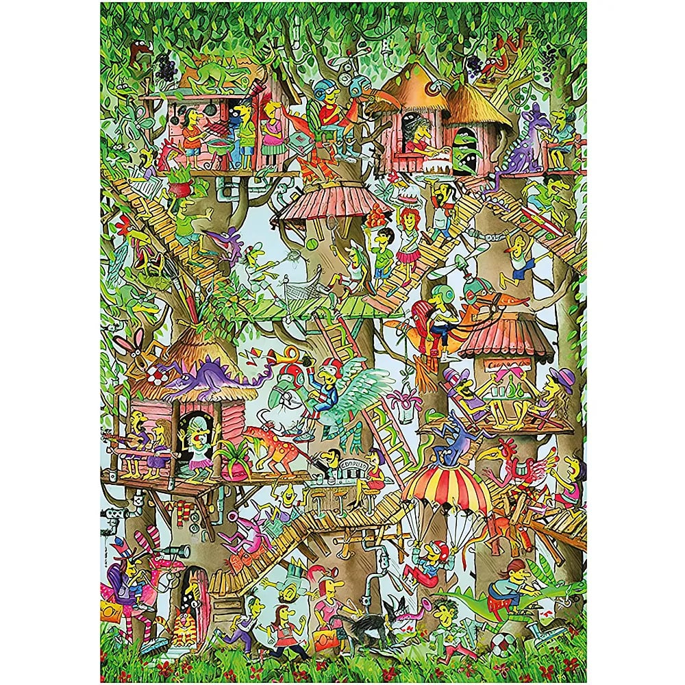 Wimmelbild eines bunten Baumhauses mit vielen cartoonartigen Figuren, Tieren und Aktivitäten in einer Baumkrone.