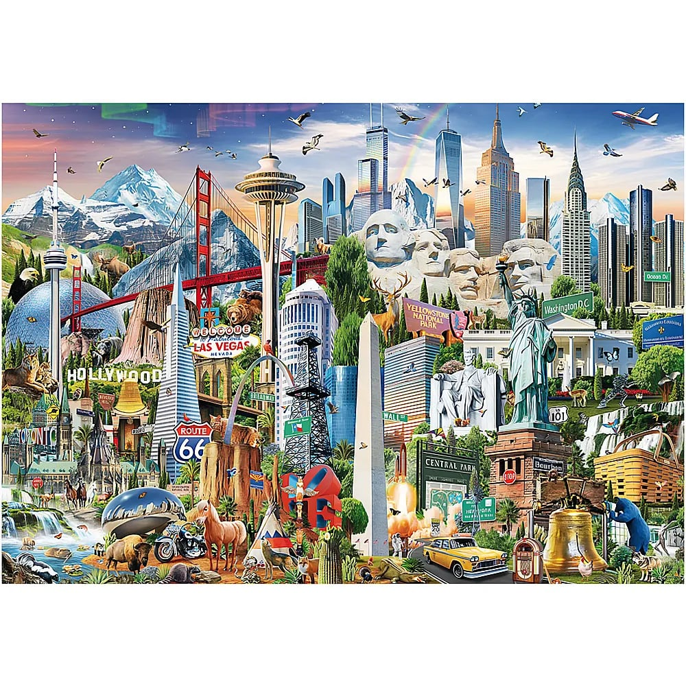Collage di famosi monumenti americani, tra cui la Statua della Libertà e il Golden Gate Bridge.