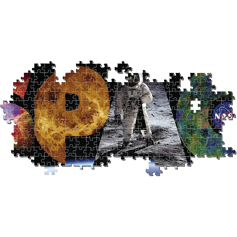 Ein raumbezogenes Puzzle zeigt Planeten, einen Astronauten auf dem Mond und das NASA-Logo.