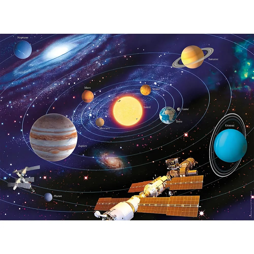 Illusion des Sonnensystems mit der Sonne im Zentrum, Planeten auf Bahnen, Sternen und Raumstationen im Weltraum.