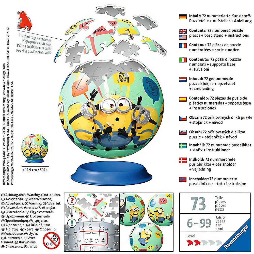 Un puzzle sferico dei Minions da 72 pezzi con base e informazioni multilingue.