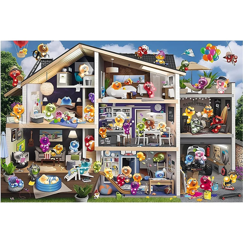 Ein großes, aufgeschnittenes Haus voller bunter, kleiner Gummibärchen-Figuren in verschiedenen Räumen und Aktivitäten.
