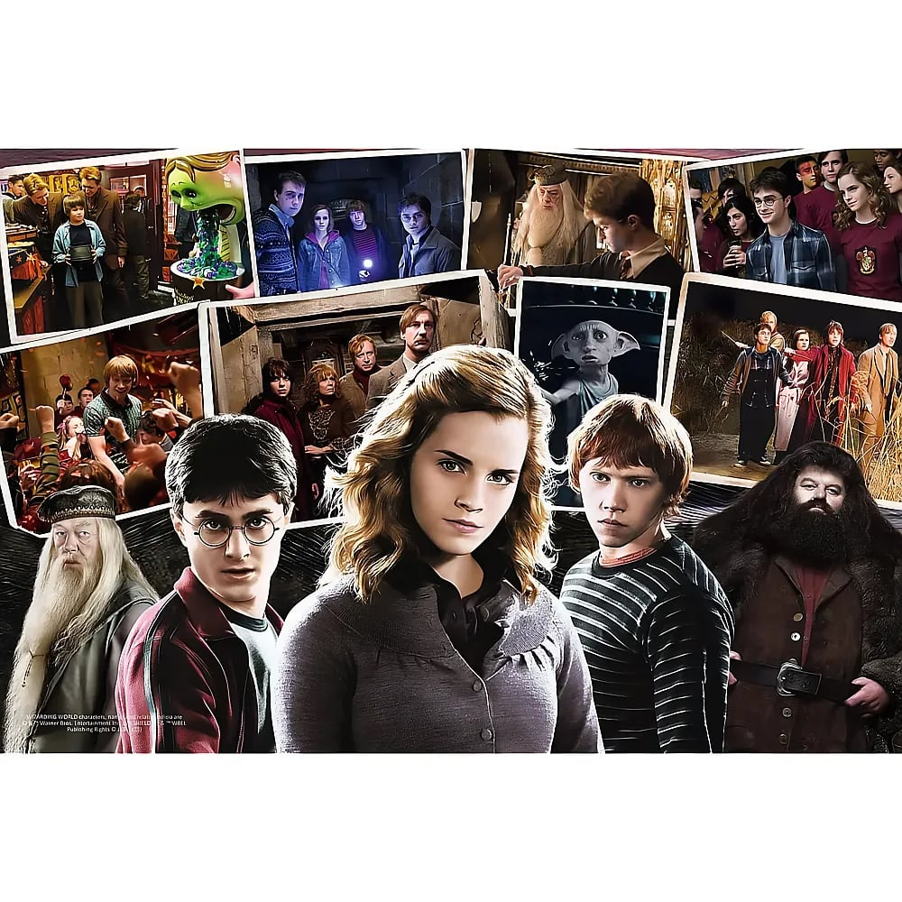 Eine Collage von Harry-Potter-Figuren mit Hermione, Harry und Ron vor verschiedenen Filmszenen.