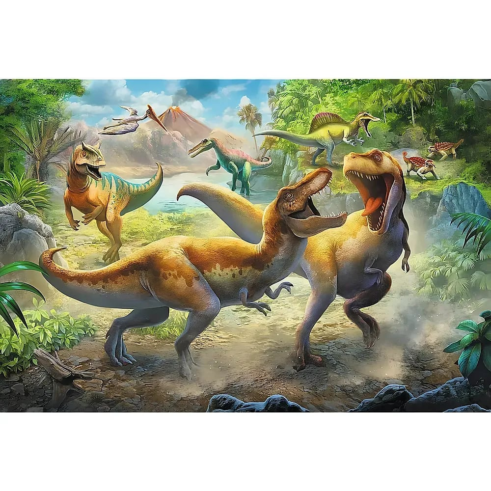 Dinosaur landscape with two large T-Rex in the foreground, other dinosaurs, lush jungle, and a volcano.