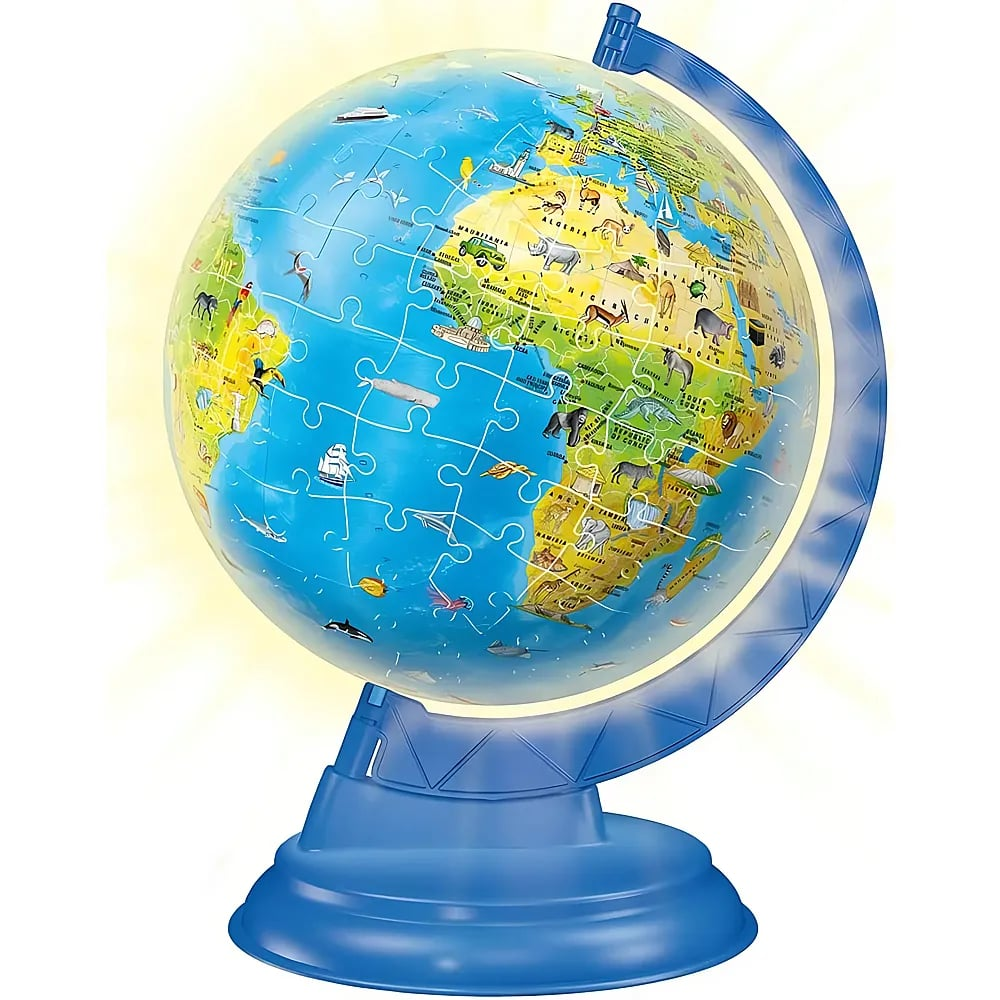 Un globo terráqueo azul brillante en un soporte que muestra continentes e ilustraciones de animales.