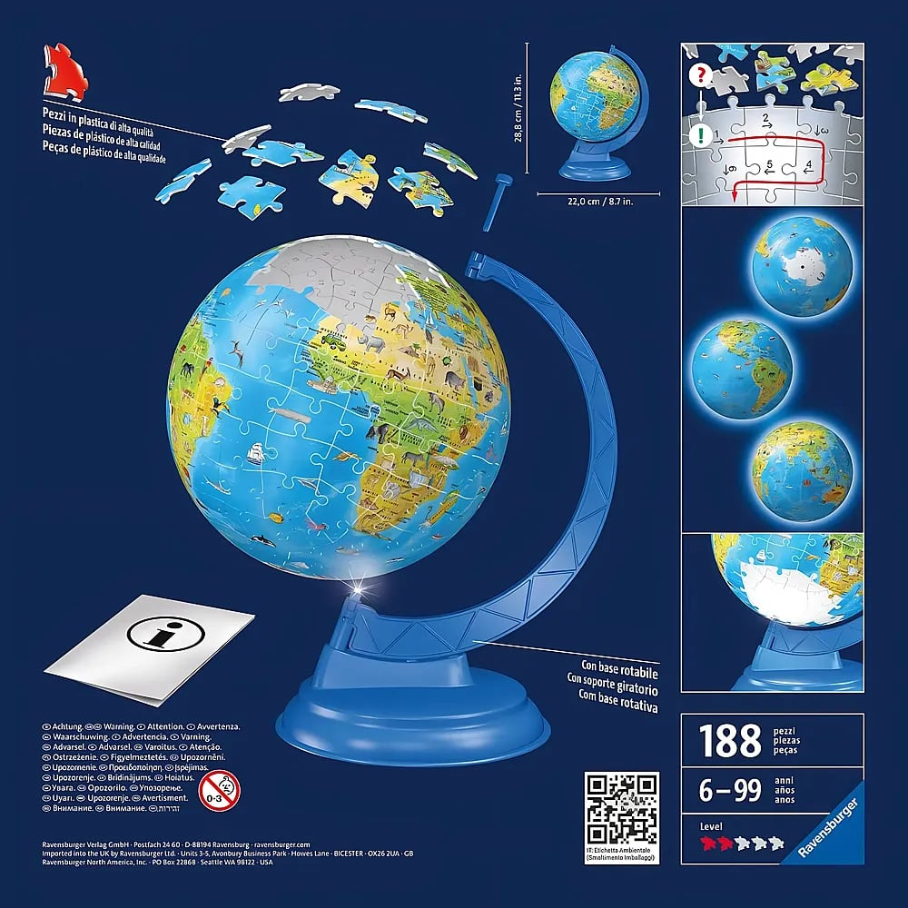 Empaque de un rompecabezas de globo terráqueo de 188 piezas con soporte azul y dimensiones de 28.8 x 22.0 cm.