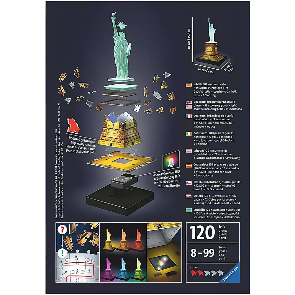 Explosionszeichnung eines Freiheitsstatue-Puzzles mit mehrsprachigen Infos und LED-Basis auf dunklem Grund.