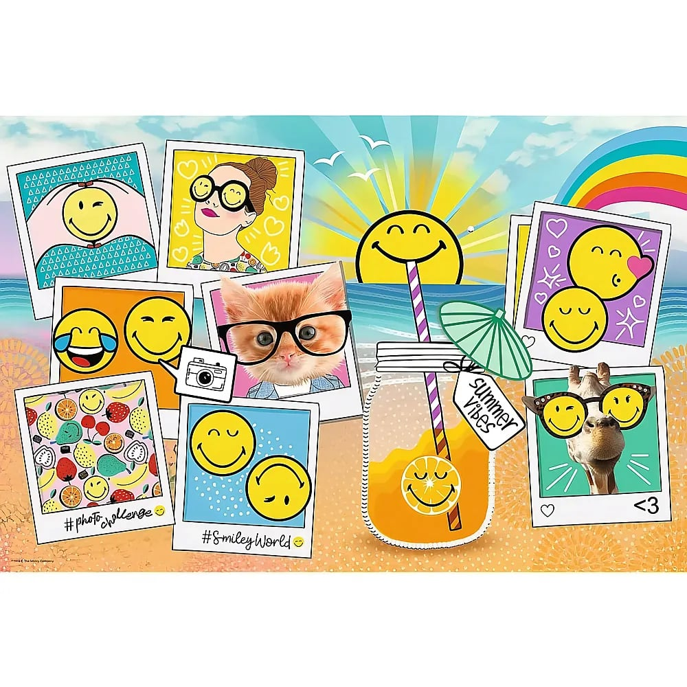 Bunte Sommerszene mit Polaroids lächelnder Gesichter, Katze, Giraffe und einem Getränk mit Strohhalm.