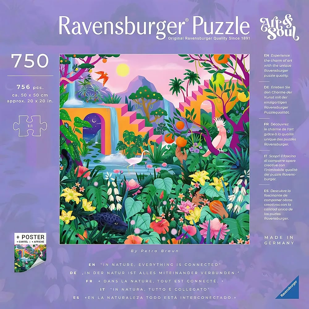 Ravensburger Puzzle mit einer bunten Naturlandschaft, Wasserfall, Tieren und dem Titel In Nature Everything Is Connected.