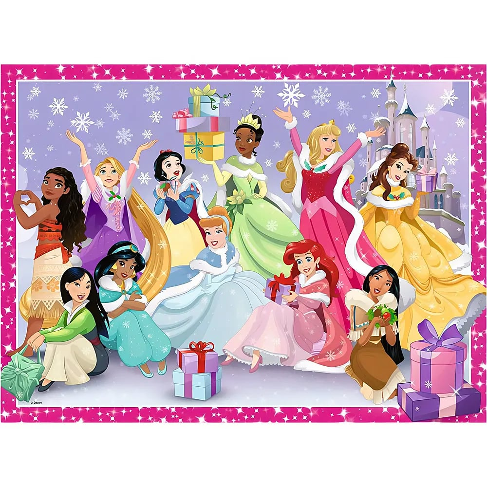 Principesse Disney festeggiano con regali e fiocchi di neve davanti a un castello innevato.