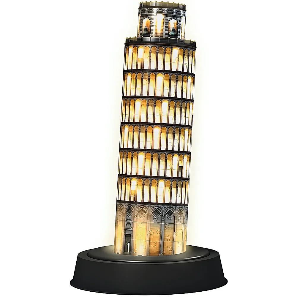Ein beleuchtetes 3D-Puzzle des Schiefen Turms von Pisa auf schwarzem Sockel vor hellem Hintergrund.