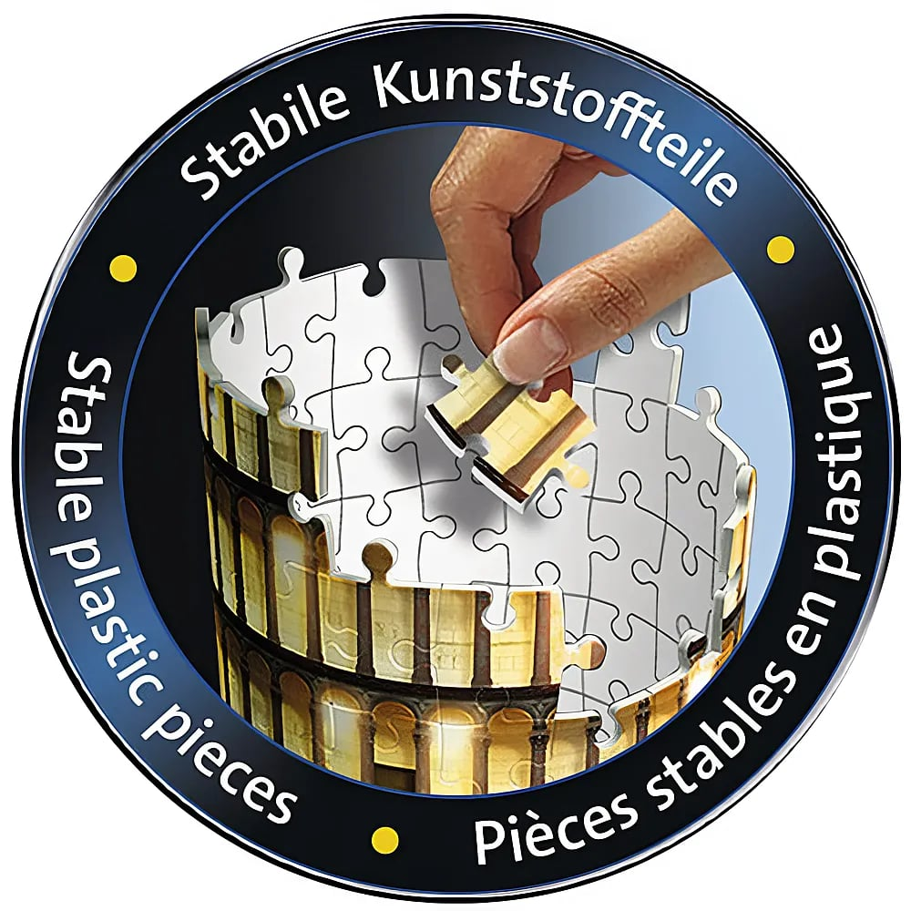 Eine Hand baut ein rundes 3D-Puzzle des Kolosseums mit stabilen Kunststoffteilen.
