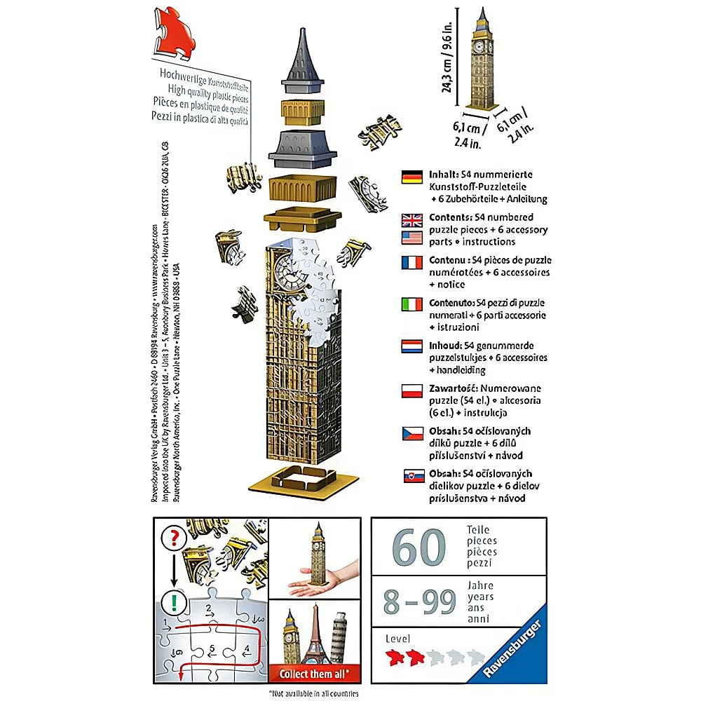 Parte trasera de una caja de puzzle 3D de Big Ben con piezas y dimensiones.