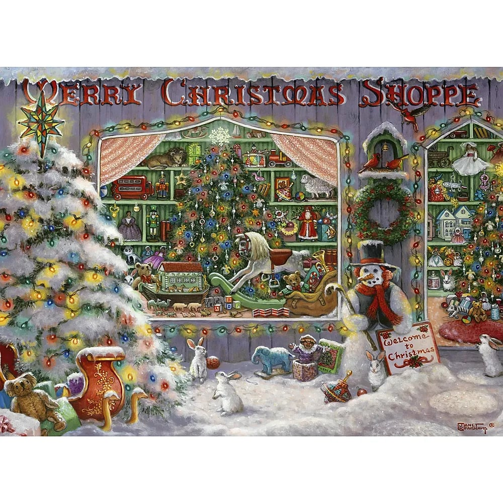 Ein schneebehangener Weihnachtsladen mit beleuchteten Bäumen, Spielzeug, einem Schneemann und Hasen.
