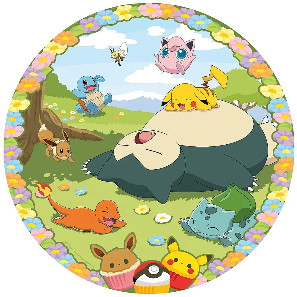Snorlax duerme en la hierba rodeado de Pikachu, Charmander, Bulbasaur, Eevee y otros Pokémon, enmarcado en flores.