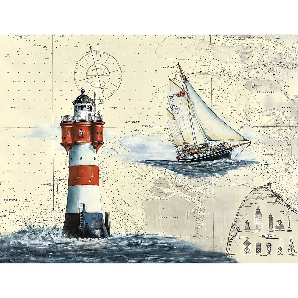 Rot-weißer Leuchtturm und Segelboot vor einer historischen Seekarte mit Kompassrose.