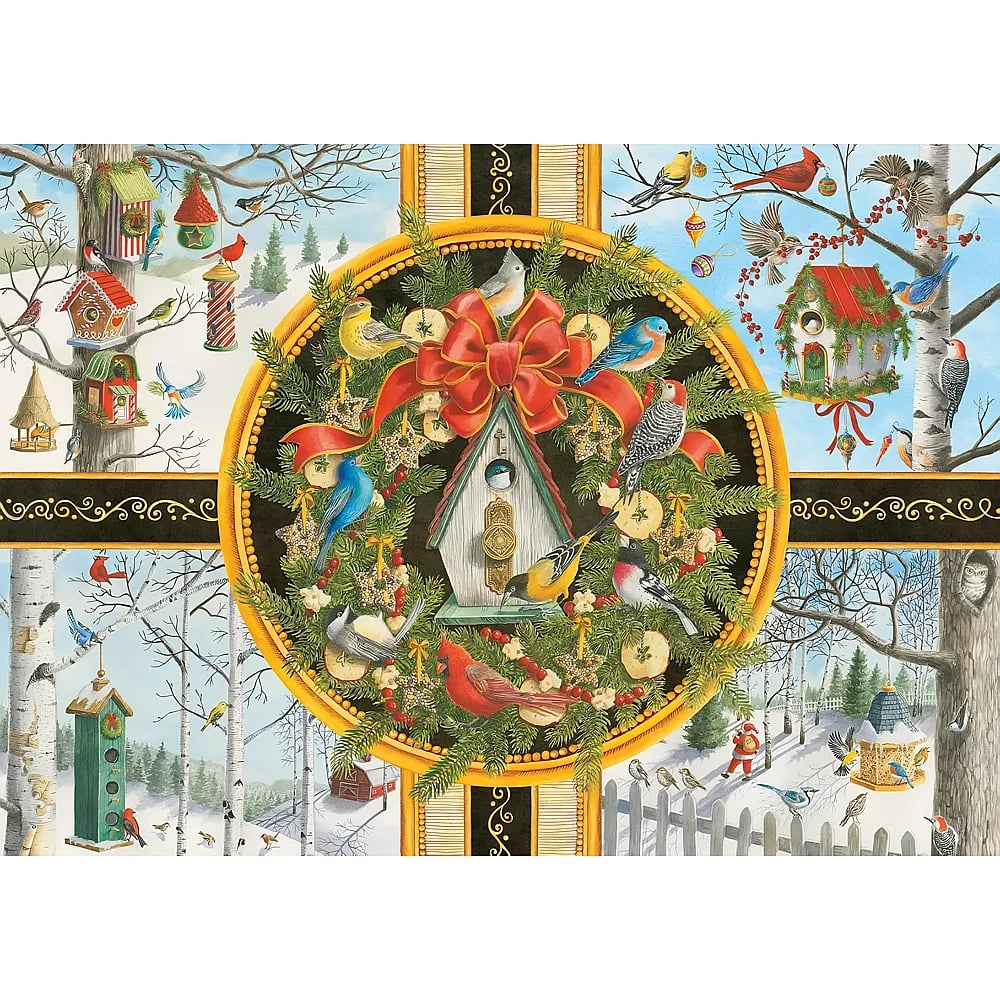 Eine festliche Weihnachtszene mit vielen bunten Vögeln, geschmückten Nistkästen und einem großen Kranz in der Mitte.