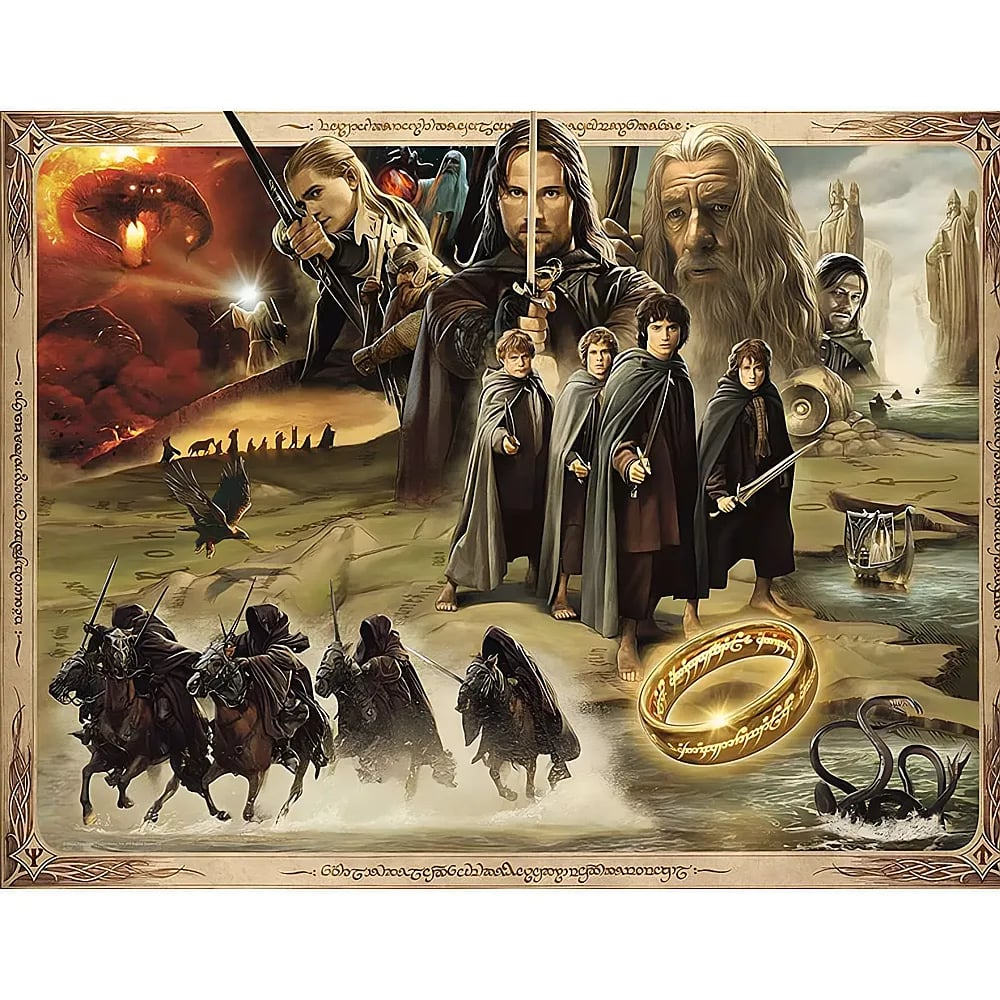 Fantasiecollage mit Herr der Ringe-Figuren, Karte, leuchtendem Ring und dunklen Reitern.