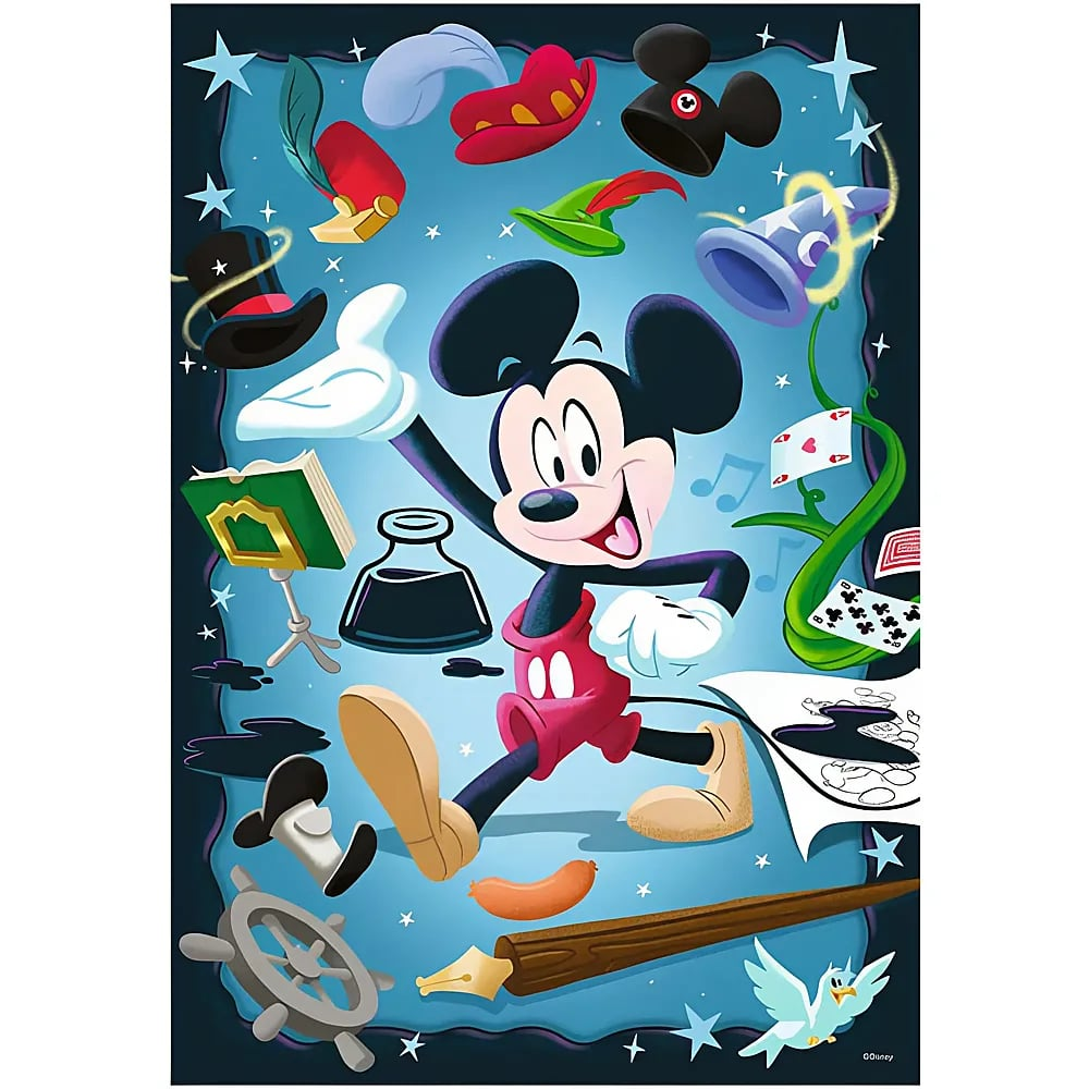 Micky Maus mit magischen Objekten, Hüten und Zauberstäben auf blauem Hintergrund.