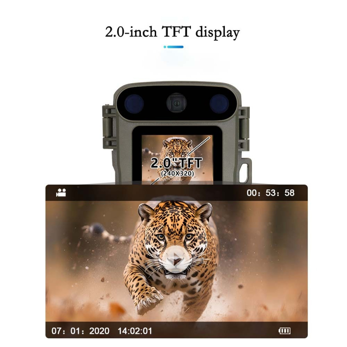 Wildkamera mit grünem Gehäuse und 2,0-Zoll-TFT-Display zeigt einen laufenden Leoparden.