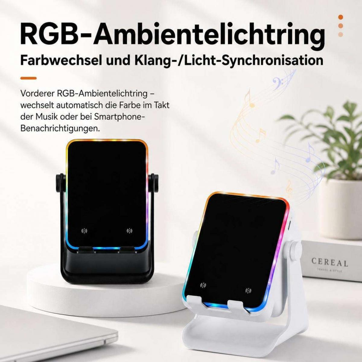 Zwei schwarze Handyhalterungen mit RGB-Lichtringen auf einem Tisch.