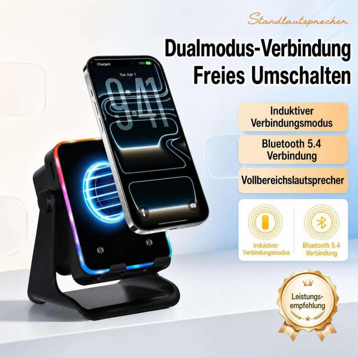 Smartphone auf einem schwarzen Lautsprecherständer mit blauer Beleuchtung und deutschem Text.