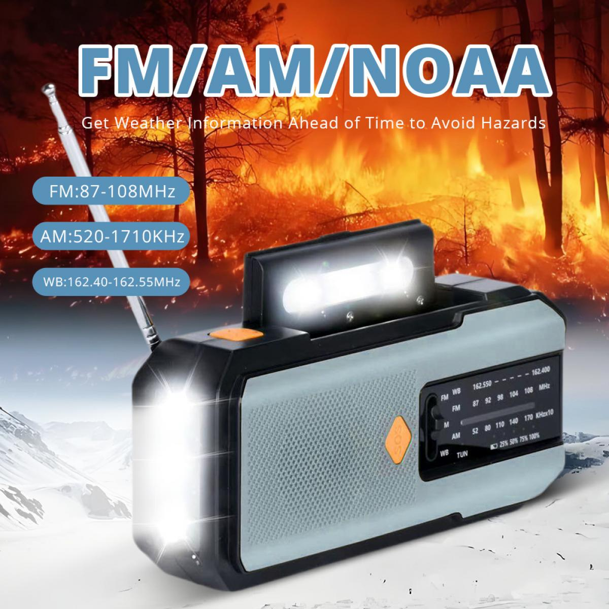 Ein schwarz-graues Notfallradio mit eingeschalteten Lichtern vor einer Waldbrandkulisse.