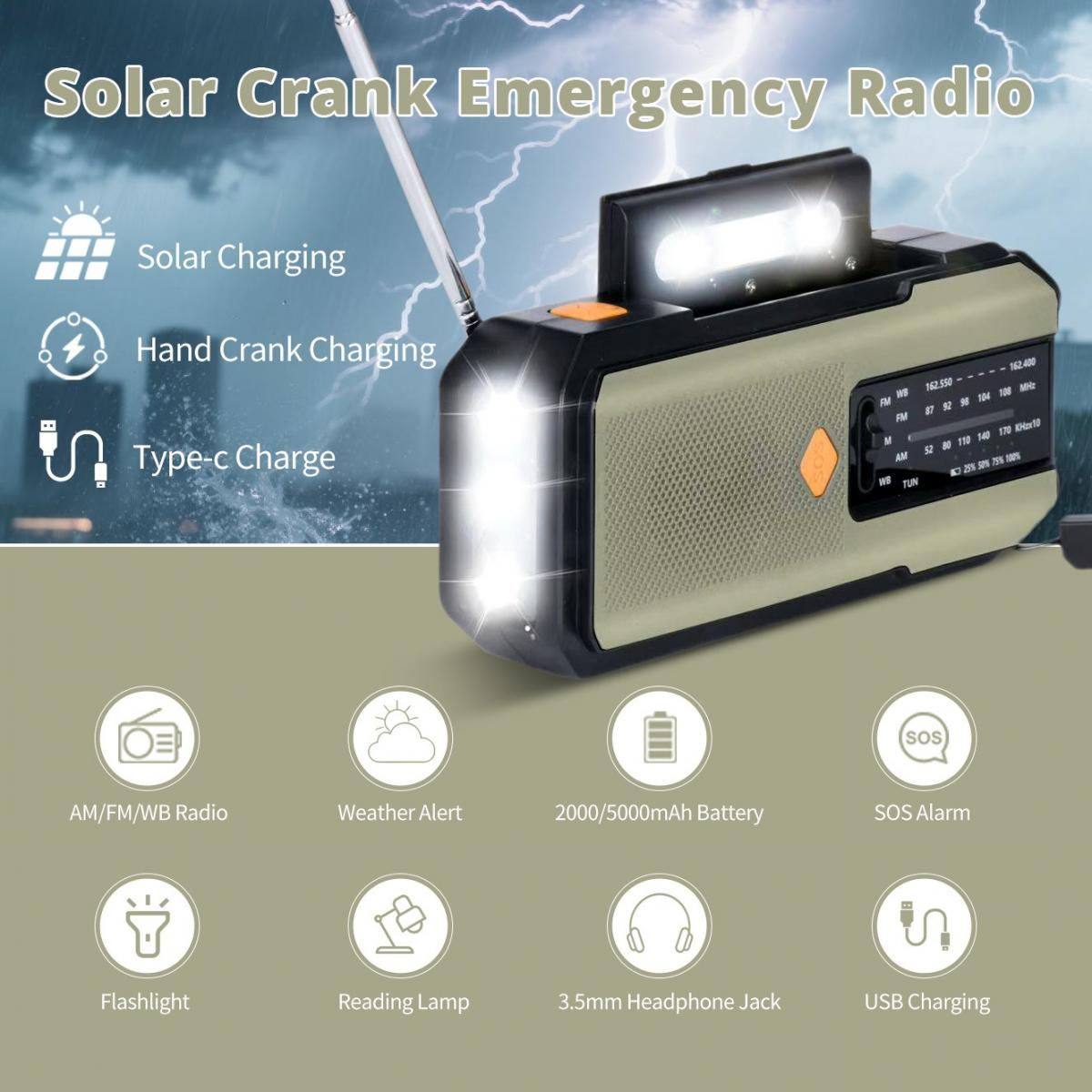 Solar-Notfallradio mit Kurbel, heller Taschenlampe, Leselampe und Ladefunktionen.