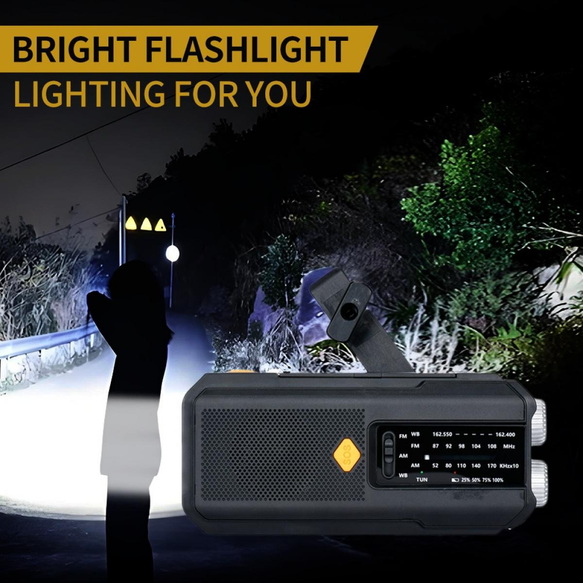 Eine schwarze Notfallradio-Taschenlampe wird vor einer dunklen Straße mit einem hellen Lichtkegel präsentiert.