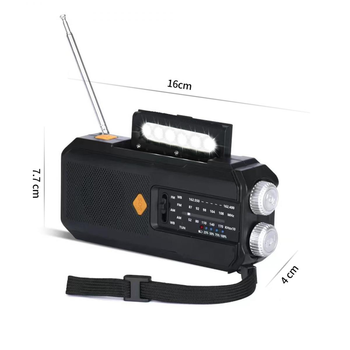 Schwarzes Notradio mit Antenne, Tragegriff mit LED-Leuchte, Lautsprecher und Maßen von 16x7,7x4 cm.