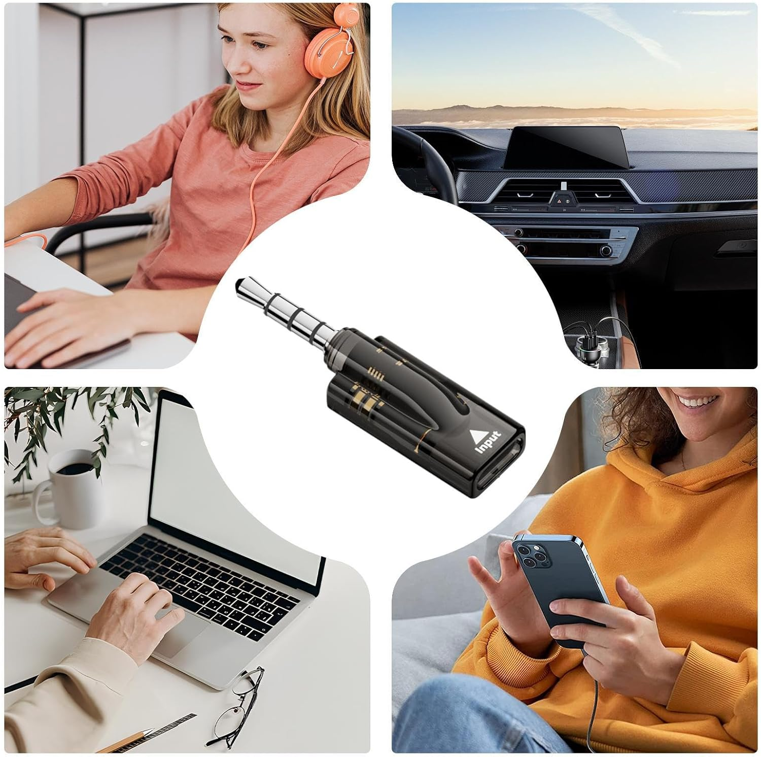Ein schwarzer 3,5-mm-Audioadapter, umgeben von Szenen mit Laptops, Handys und einem Auto-Armaturenbrett.
