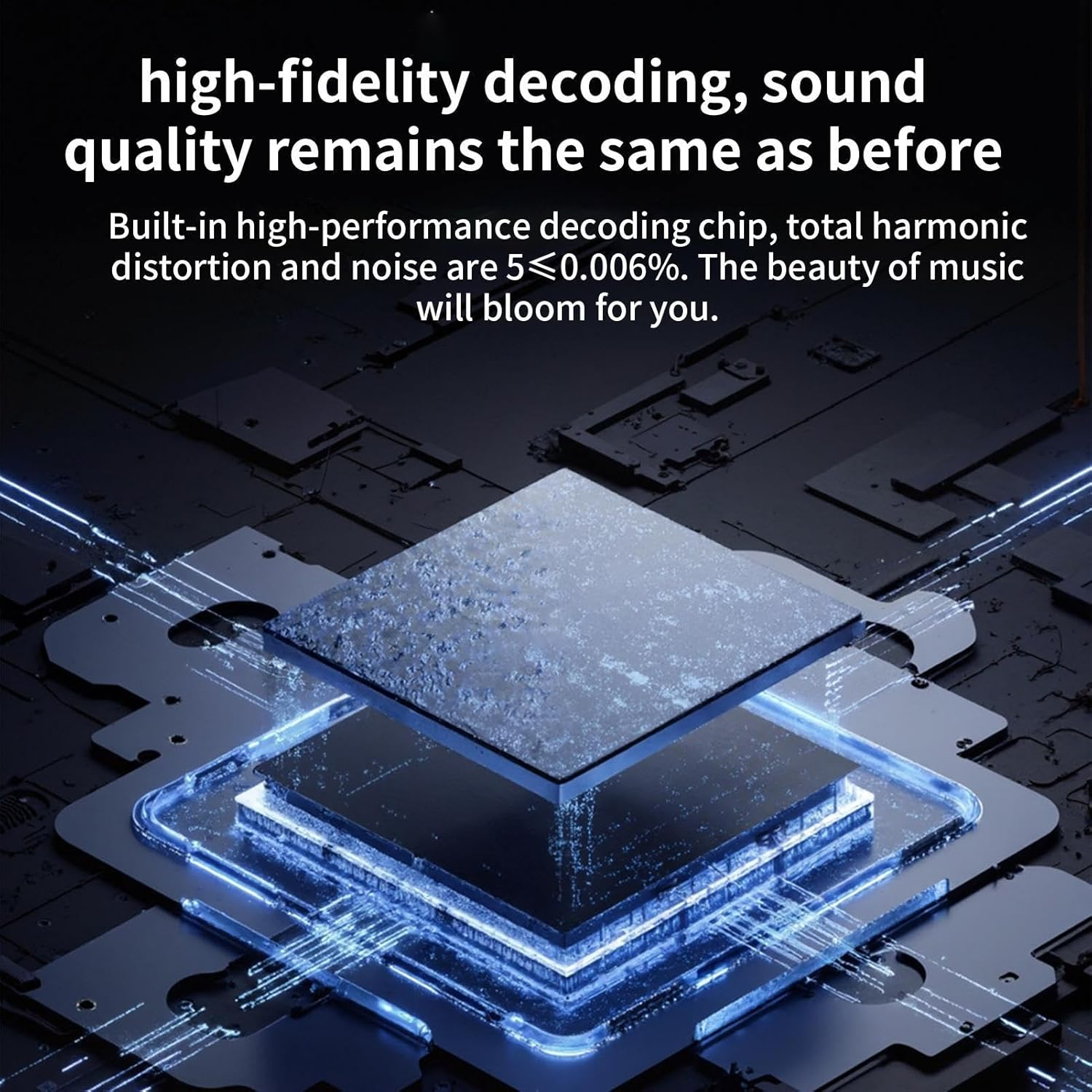 Ein Computerchip auf einer Leiterplatte mit Text über High-Fidelity-Decodierung und Soundqualität darüber.