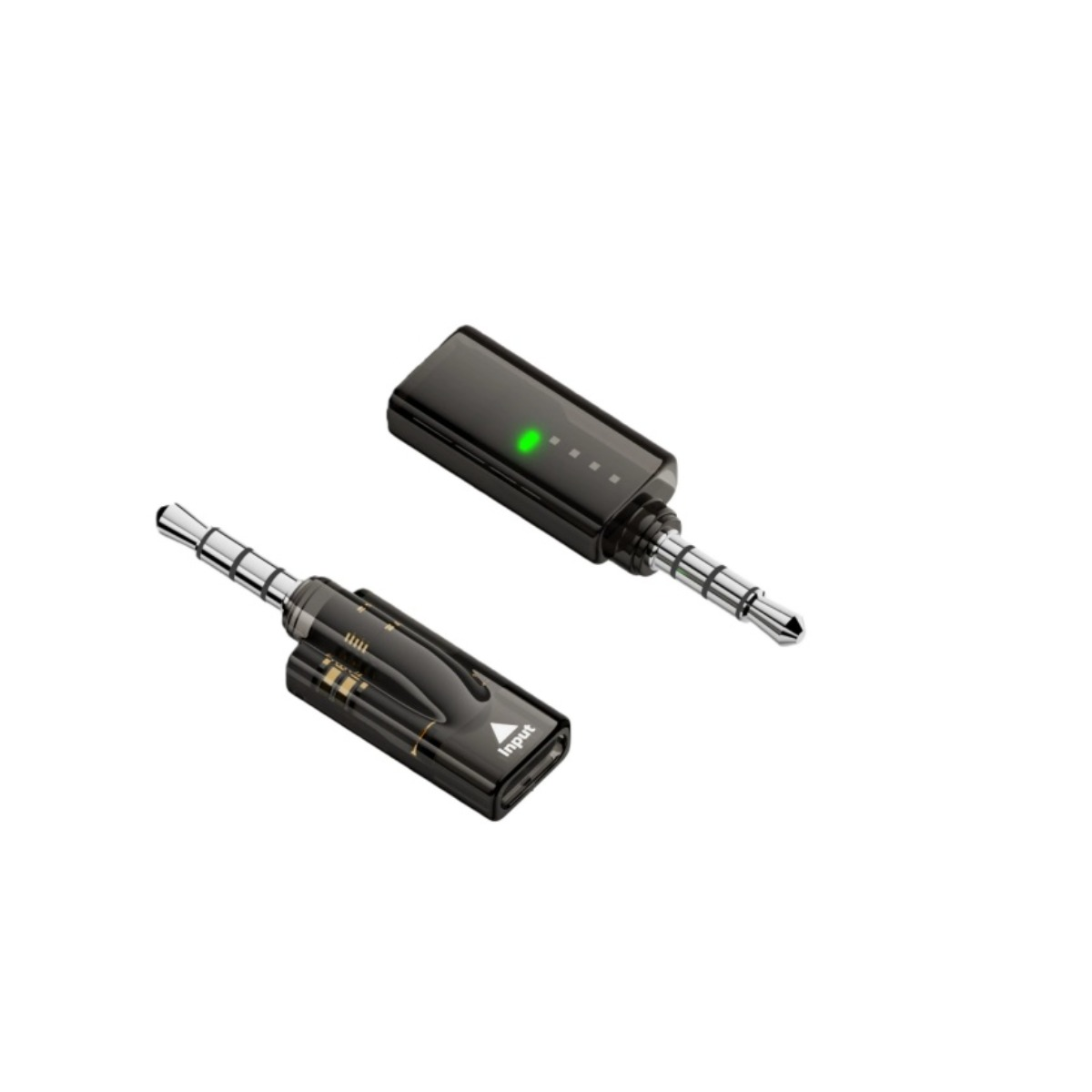 Zwei schwarze Audioadapter mit 3,5-mm-Klinkenstecker und Statusleuchten vor weißem Hintergrund.