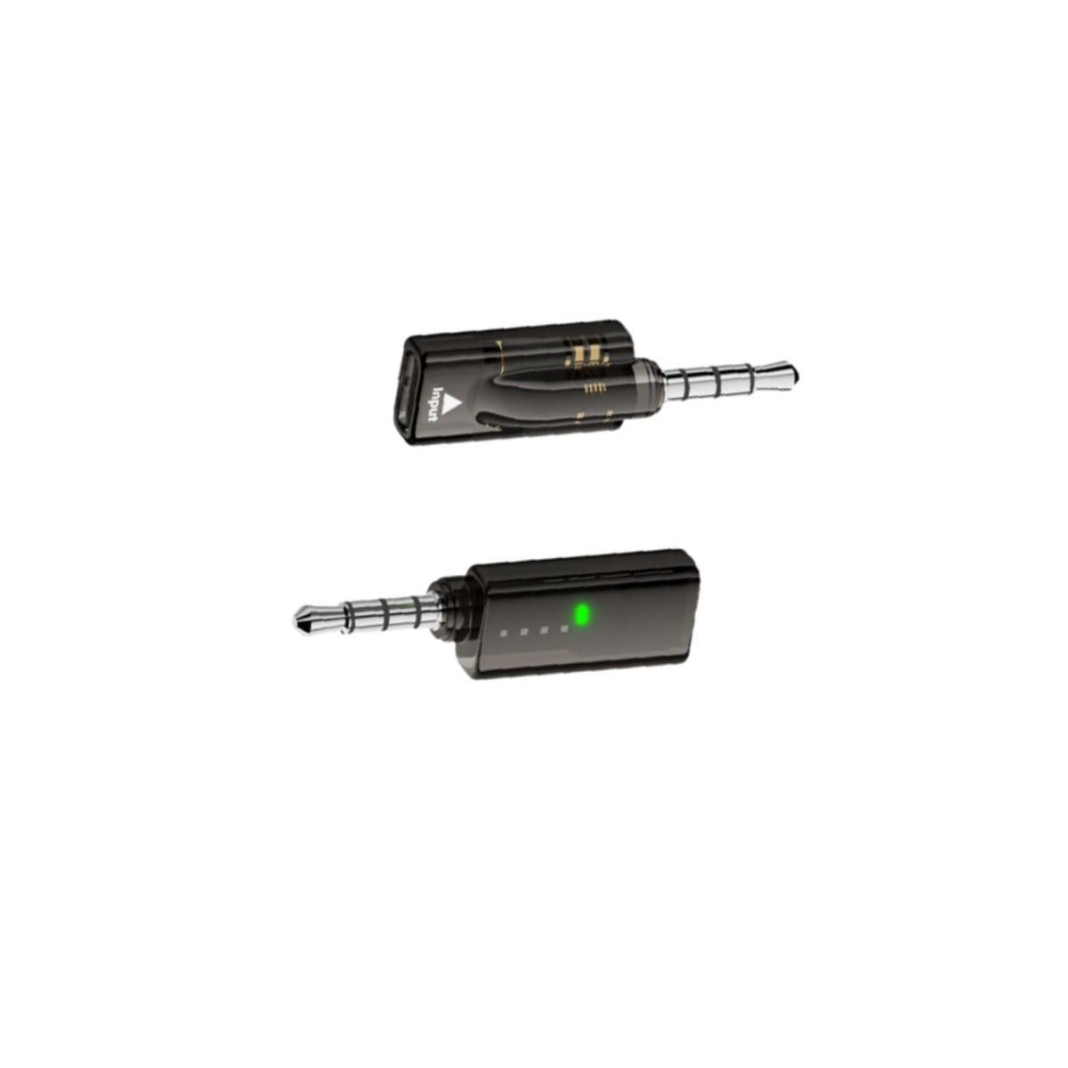 Zwei schwarze Audioadapter mit 3,5-mm-Klinkensteckern vor weißem Hintergrund; einer hat eine grüne LED.
