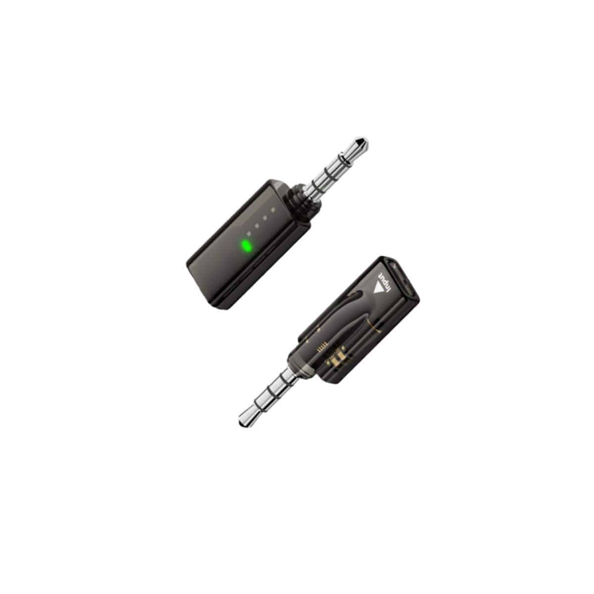 Zwei schwarze Audioadapter mit 3,5-mm-Klinkensteckern und grünen Kontrollleuchten auf weißem Hintergrund.