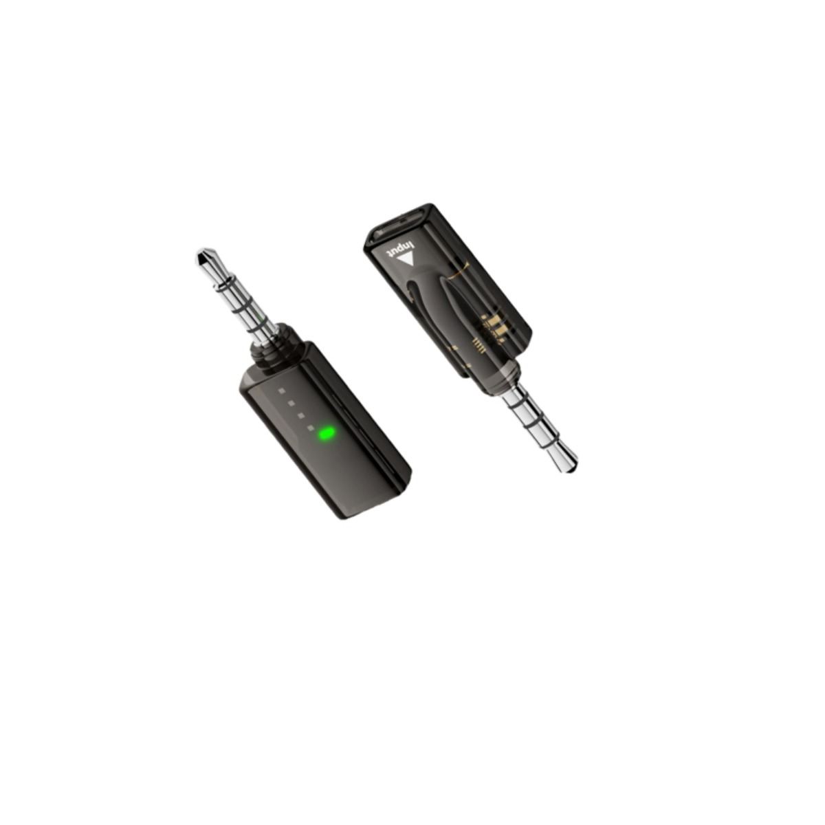 Zwei schwarze Audioadapter mit 3,5-mm-Klinkenstecker und grüner LED-Anzeige auf weißem Hintergrund.