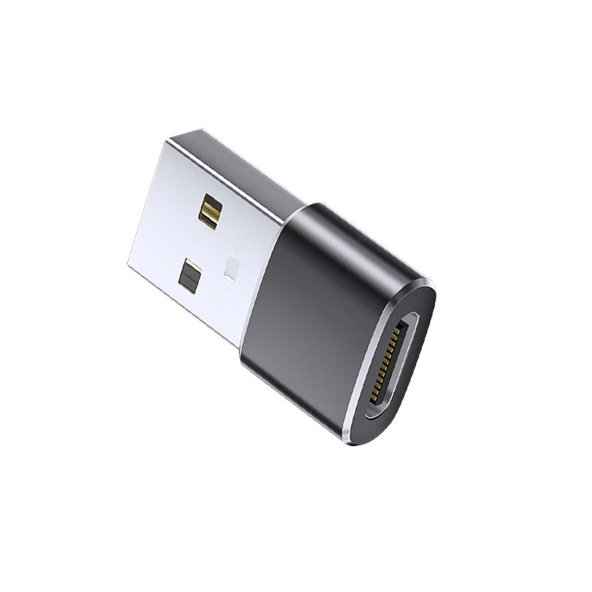 Ein silberner und schwarzer USB-C auf USB-A Adapter auf weißem Hintergrund.