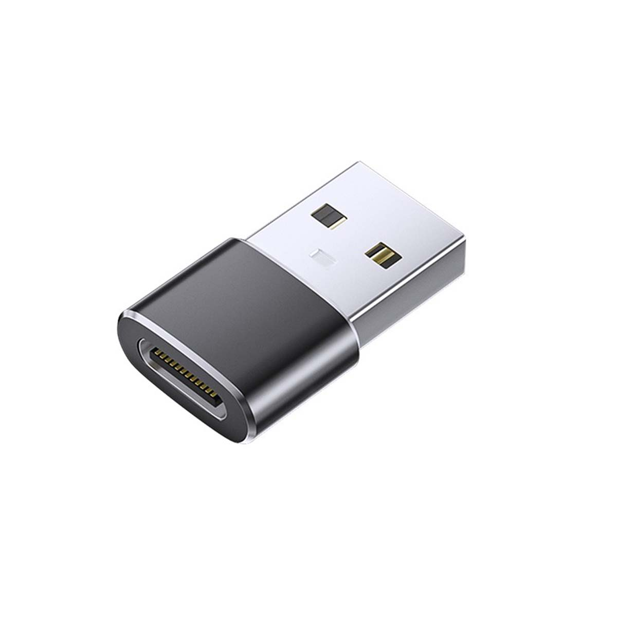 Ein silberner und schwarzer USB-C auf USB-A Adapter auf weißem Hintergrund.