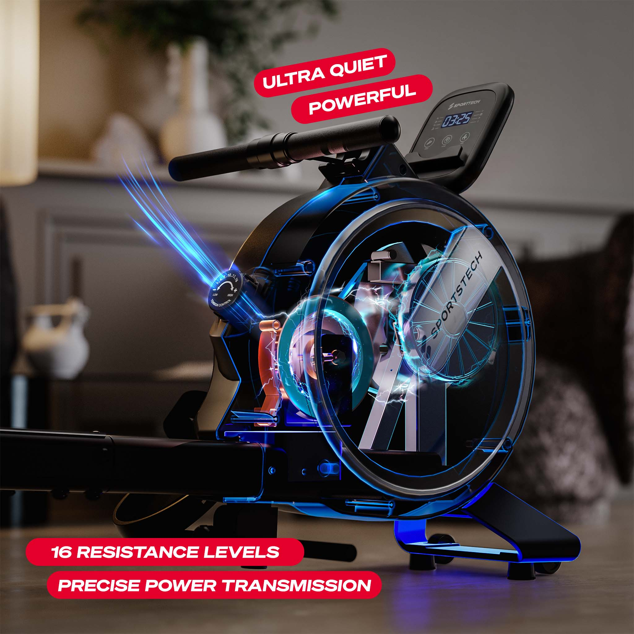 Ein Sportstech Rudergerät mit blauer Grafik und rotem Text im Innenbereich.