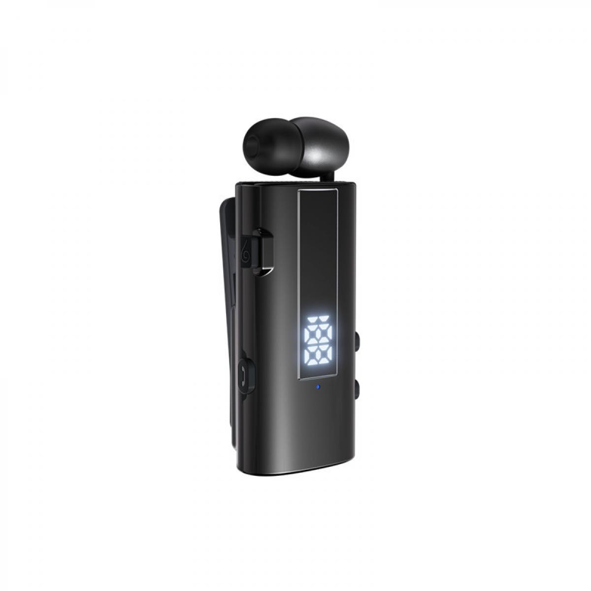 Schwarzes Clip-Bluetooth-Headset mit Digitalanzeige und integriertem Ohrhörer vor weißem Hintergrund.
