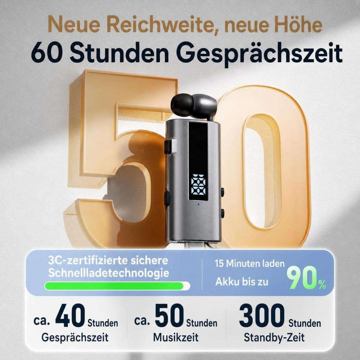Werbebild für Kopfhörer mit dem großen Text "60 Stunden Gesprächszeit" und dem großen Zahl "50" im Hintergrund.
