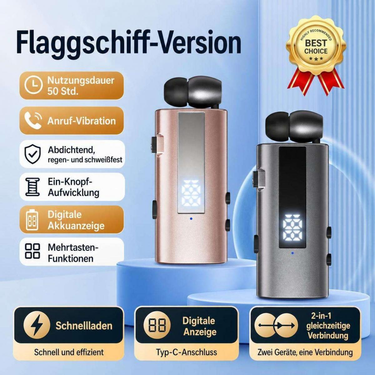 Zwei kabellose In-Ear-Kopfhörer in Roségold und Silber mit digitaler Anzeige und Feature-Icons.