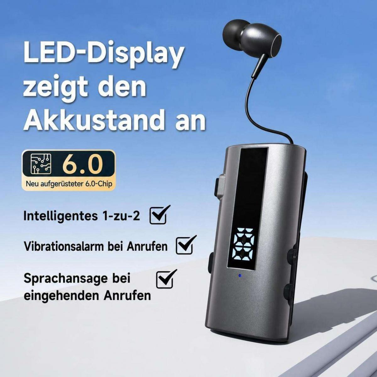 Grauer Bluetooth-Clip-Kopfhörer mit LED-Display und deutscher Produktbeschreibung auf blauem Hintergrund.