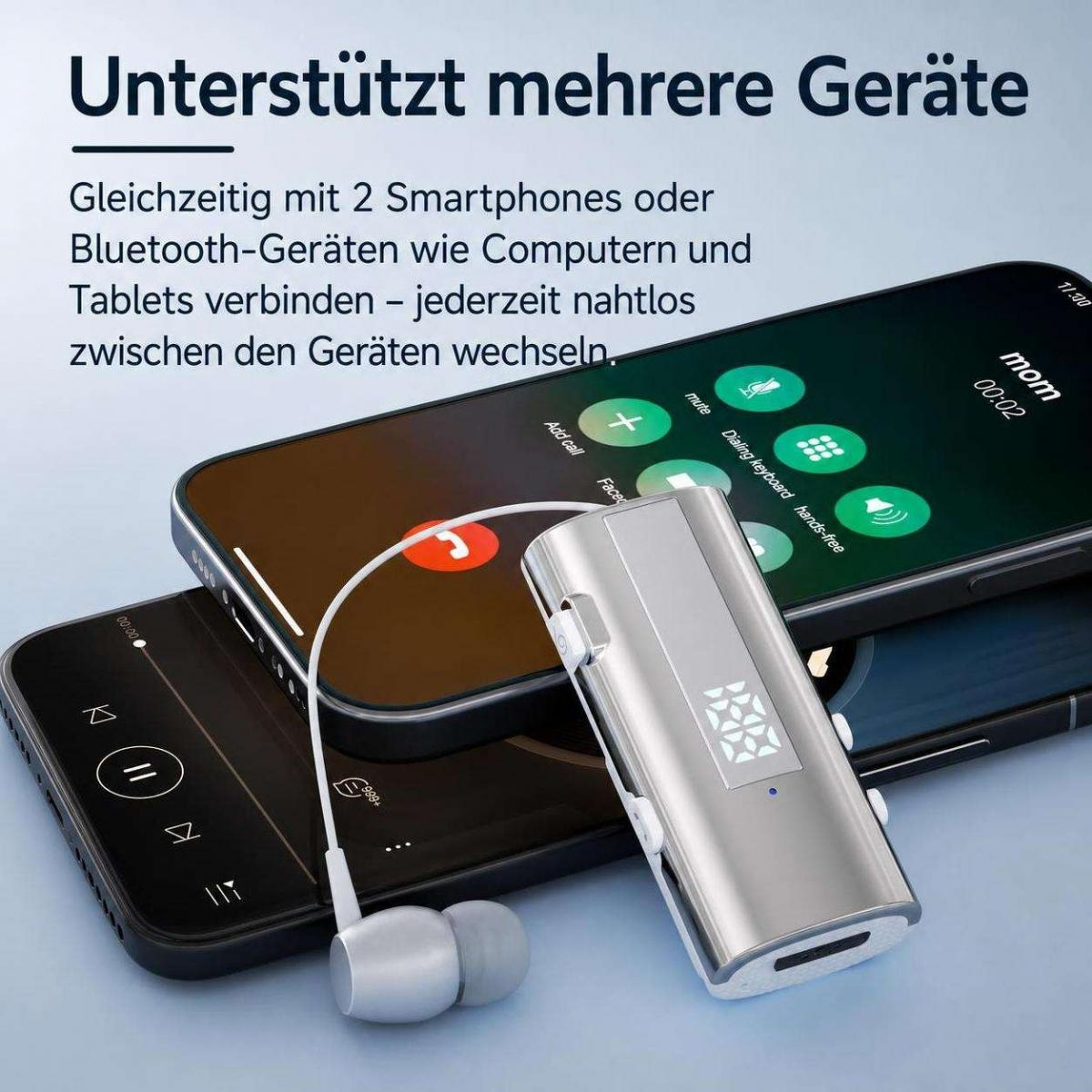 Silberner Bluetooth-Empfänger mit Kopfhörern liegt auf zwei Smartphones mit deutscher Produktbeschreibung.