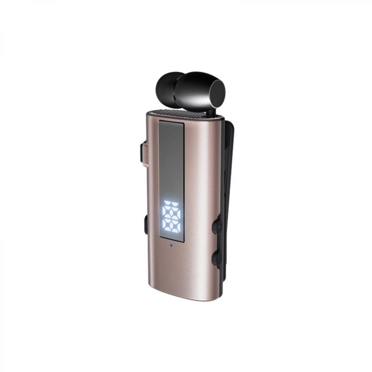 Ein roségoldenes Bluetooth-Headset mit Ladecase und Display auf weißem Grund.