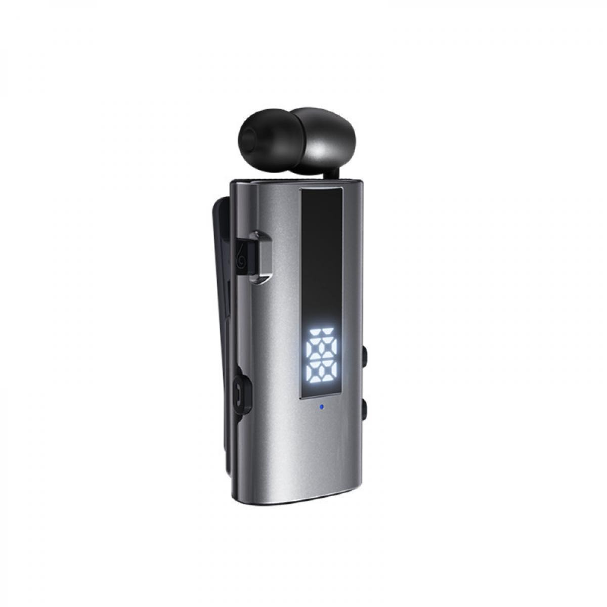 Ein silberner Bluetooth-Headset-Clip mit integriertem Ohrhörer und einem leuchtenden Muster auf der Vorderseite.