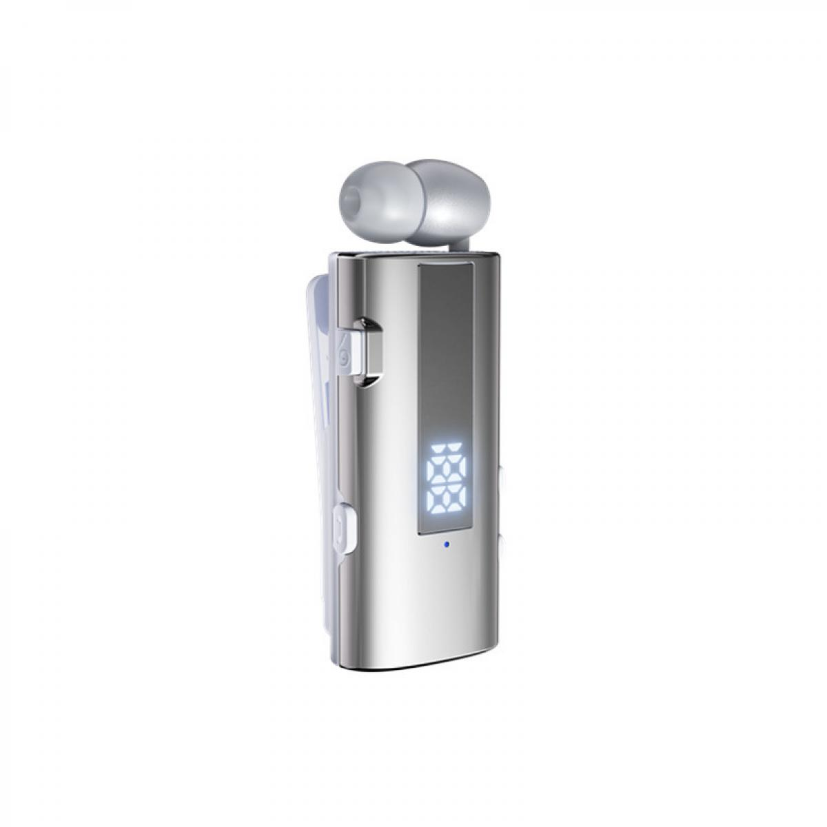 Ein silbernes Bluetooth-Headset mit Clip und leuchtendem Display auf weißem Grund.