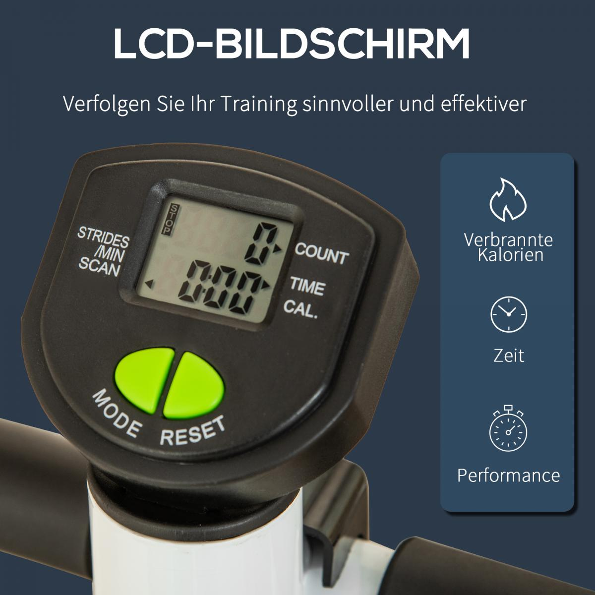 Ein LCD-Bildschirm eines Trainingsgeräts mit digitalen Anzeigen für Zeit, Kalorien und Leistung.
