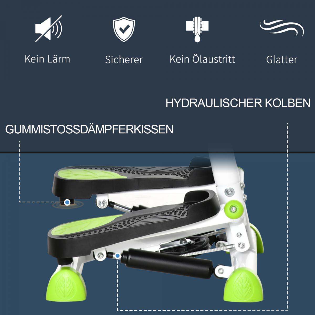 Merkmale eines steppertrainers mit gummidämpfern und hydraulikzylinder auf dunklem grund.